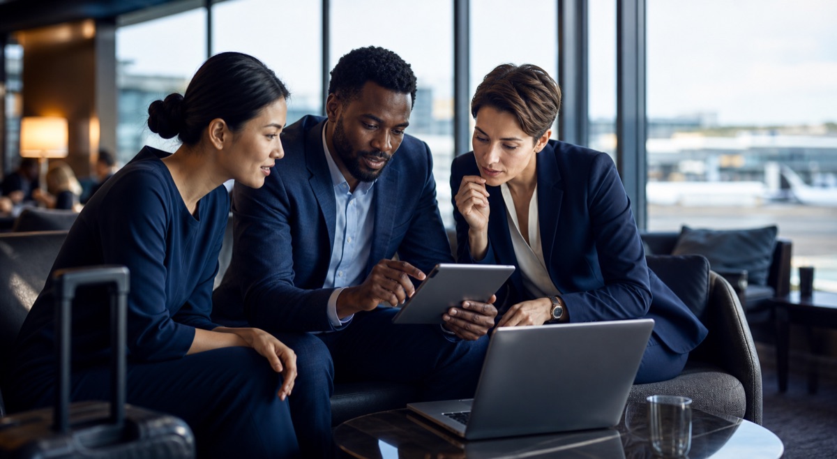 International corporate team connected while travelling